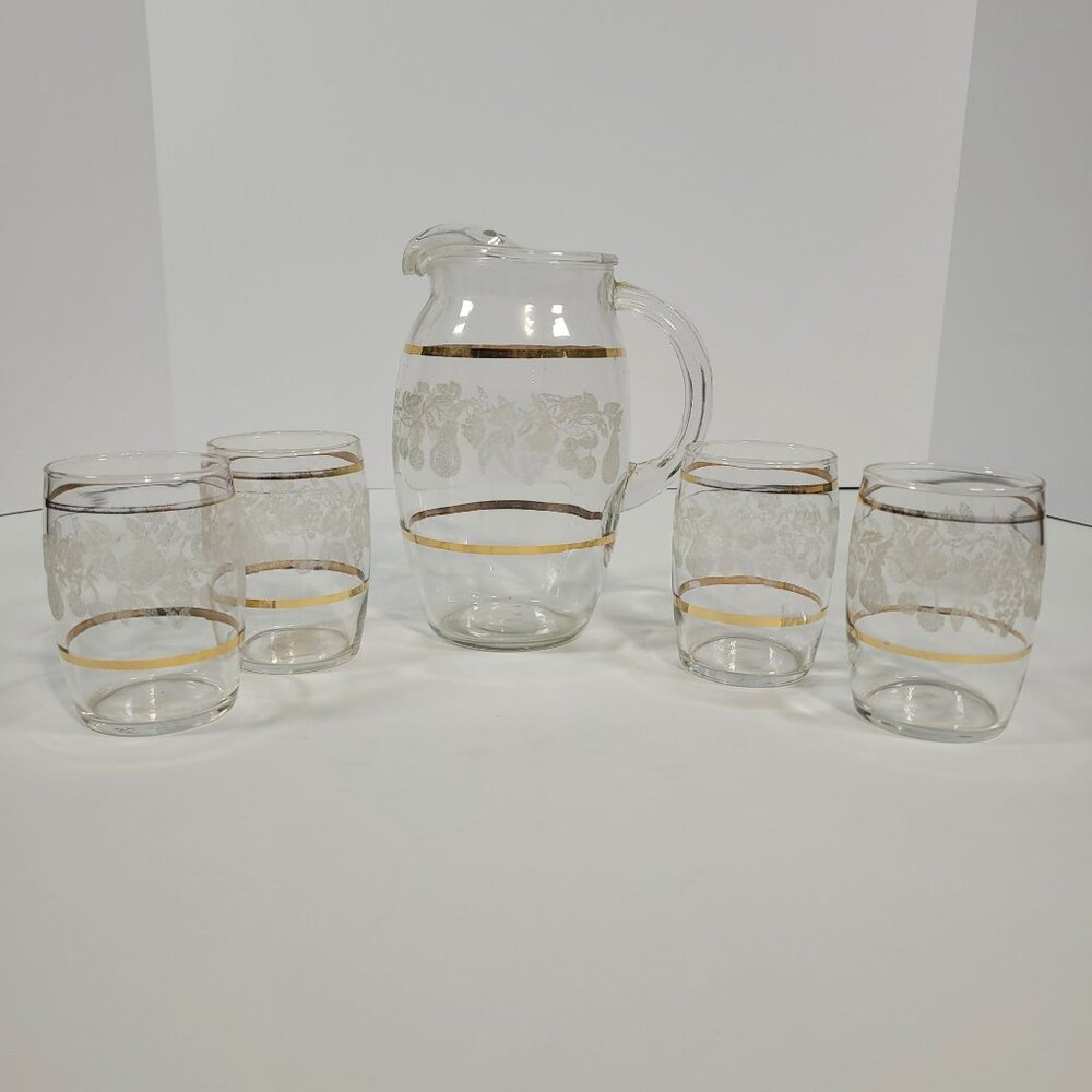 Vintage‎ Juice Set Bartlett Collins Glass Pitcher 4 Glasses Golden Fruit Pattern